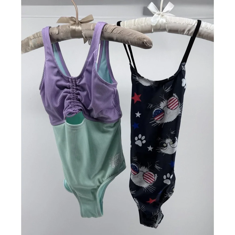 Lot of 2 Girls Swimsuits Size 10 Justice Cat One Piece Purple Patriotic Beach